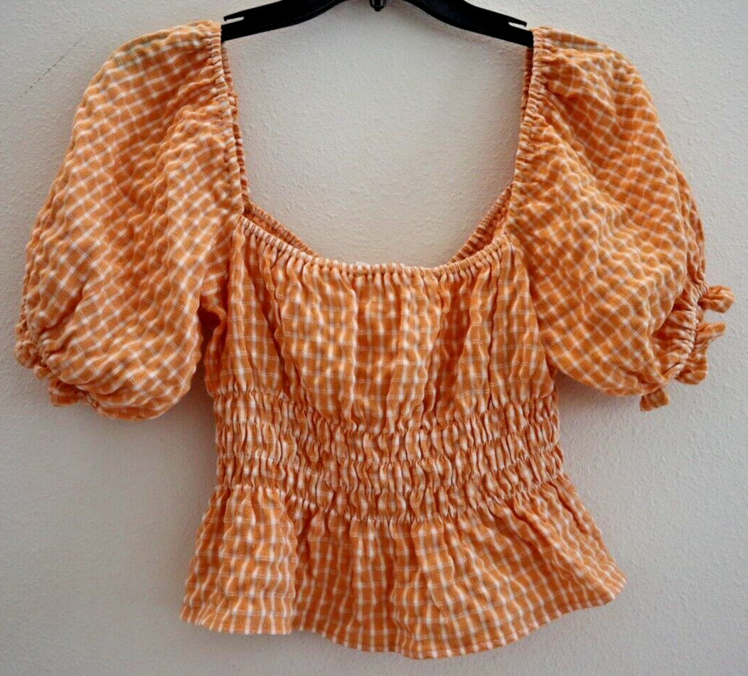 ASTR The Label ALT17038B-003 Women’s Sz S Orange Check Puff Sleeve Smocked Top