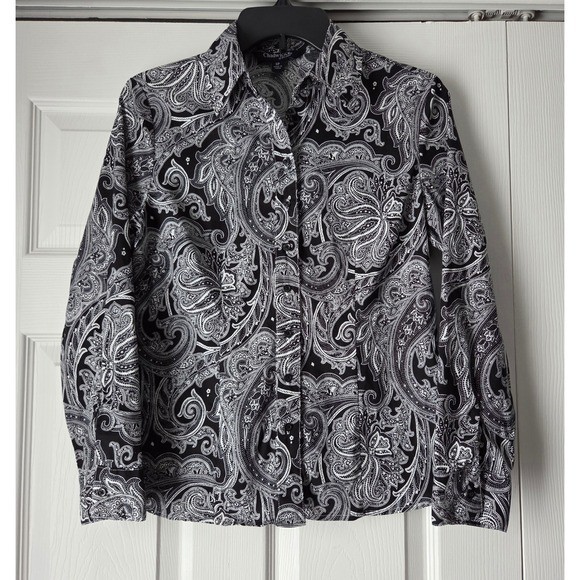 Chadwicks of Boston Black White Paisley Button Down Shirt Blouse Womens 6P