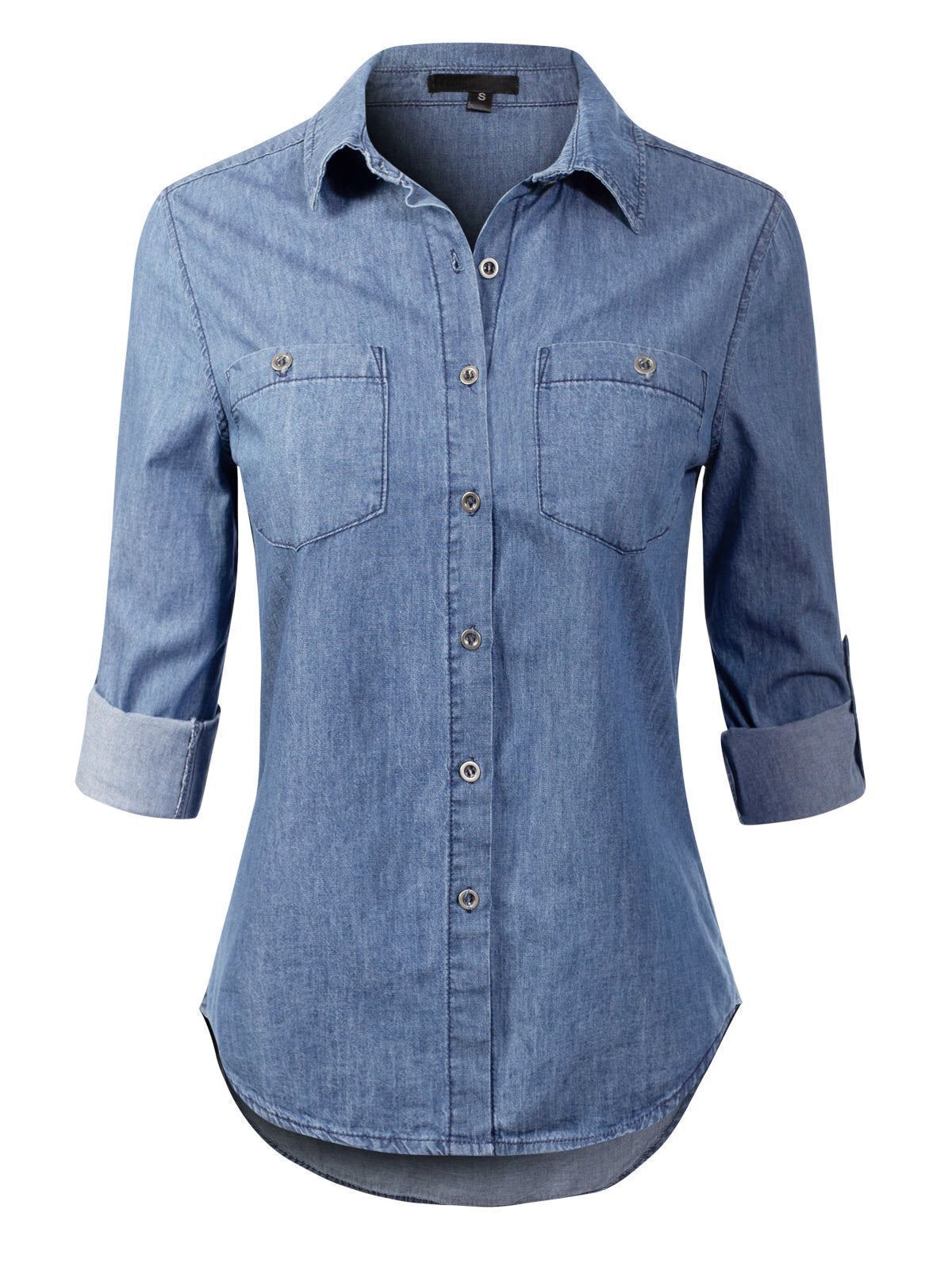MixMatchy Basic Classic Roll up Sleeve Button Down Chambray Denim Shirt