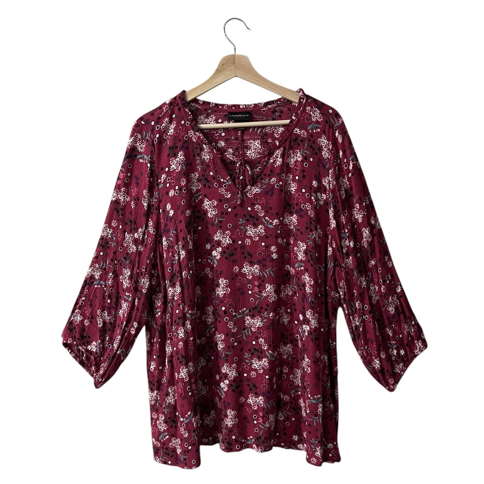 Lane Bryant Blouse Top Size 18 Dark Pink Floral Gauze Woven Tie Notch V Neckline