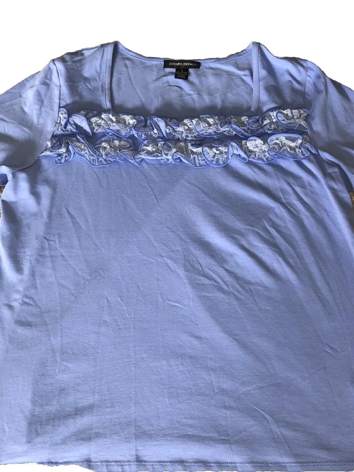 Designers Original Cornflower Blue Top Appliqued Flowers Stretch Size L NEW