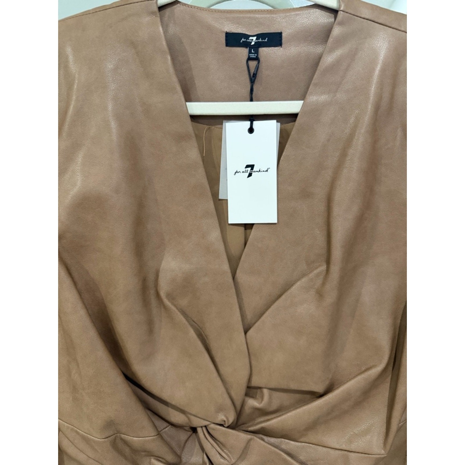 7 For All ManKind Tan Faux Leather Twist-Front Womens Top| L