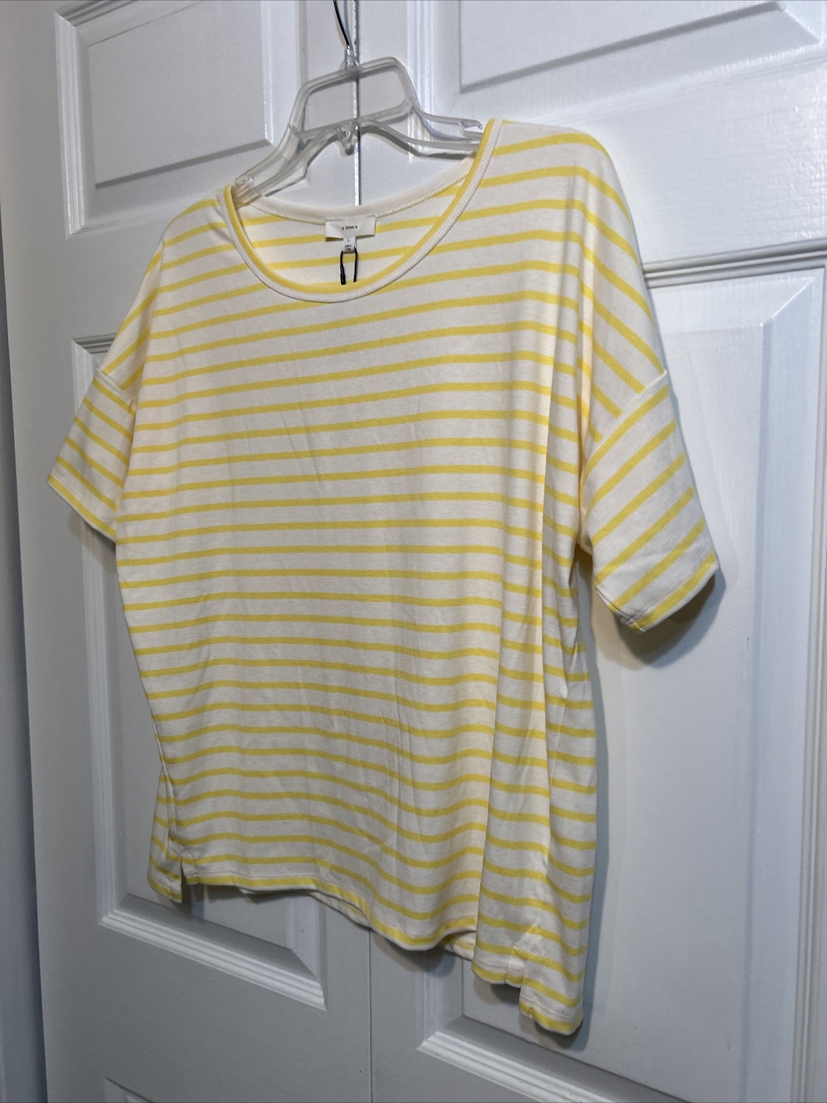 NWT a LOVES a Striped Yellow and White Short Sleeve Knit Top Size L Large