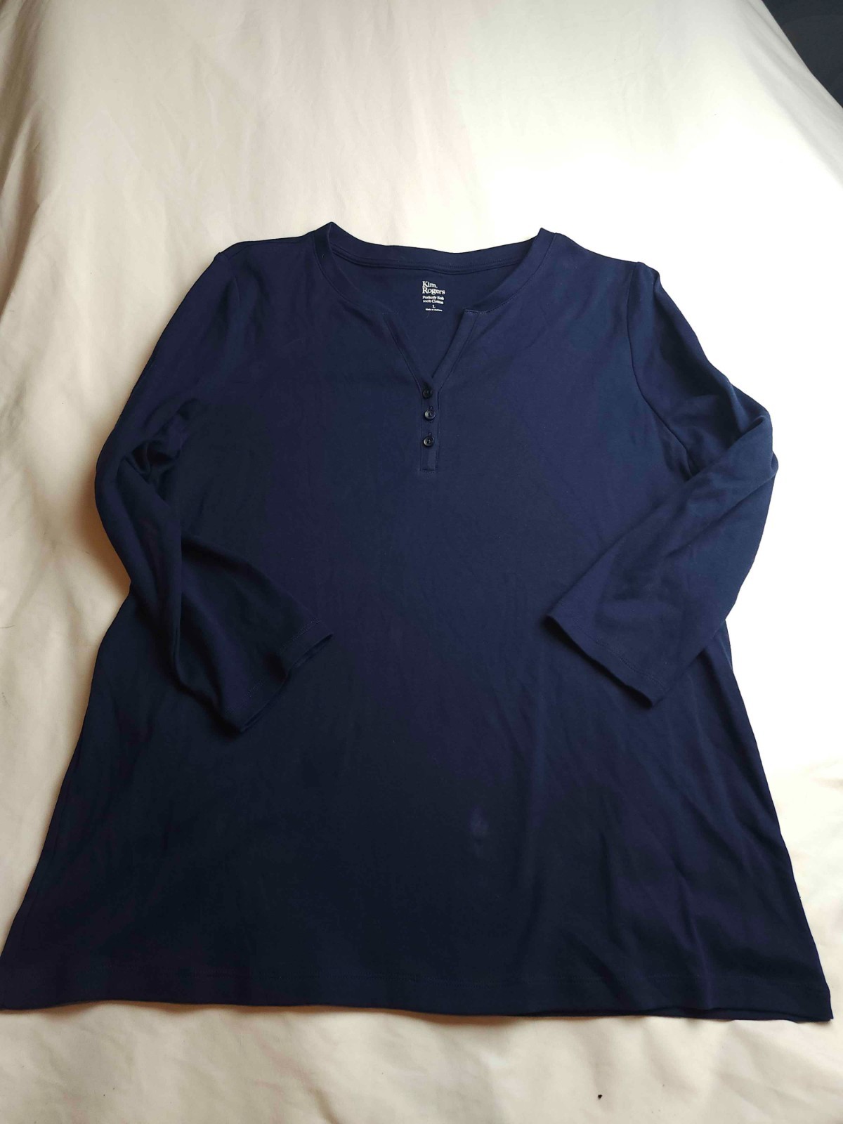 Kim Rogers Top Womens L Blue Henley Minimalist Coastal Chic Modern Classic