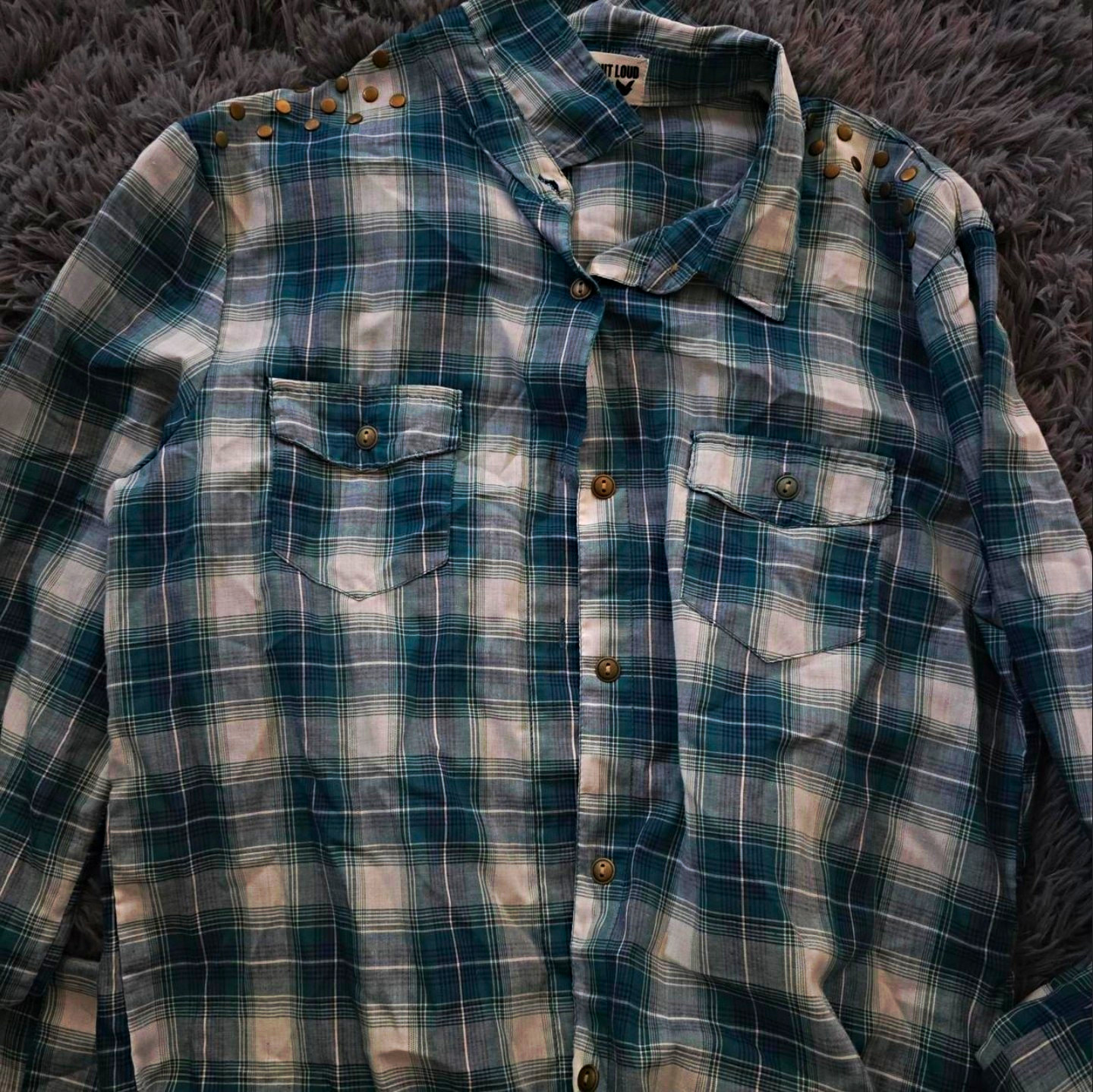 Dream Out Loud Selena Gomez Women’s Blue White Plaid Studded Button-Up L