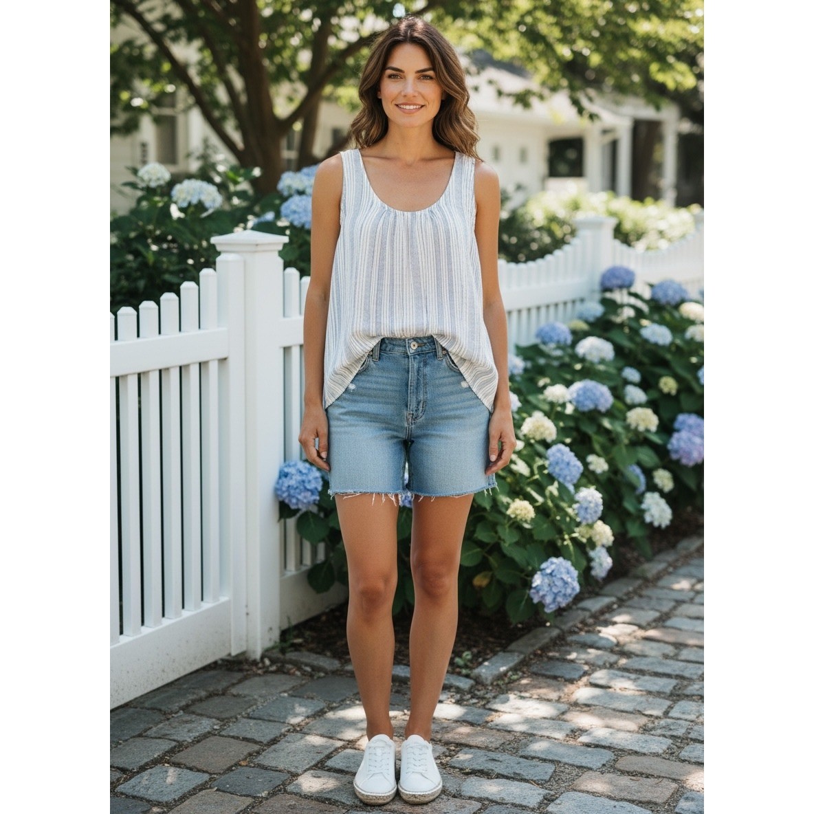 COS 100% Cotton Striped Sleeveless Tank Top White Navy Blue Rounded Hem Size S