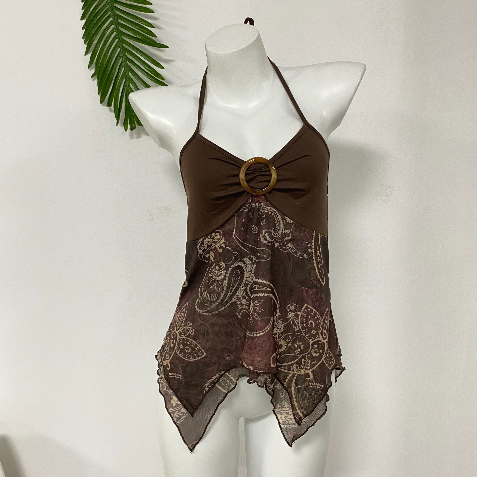 Y2K Brown Paisley Mesh Halter Top Wooden Ring Cutout Asymmetric Hanky Hem