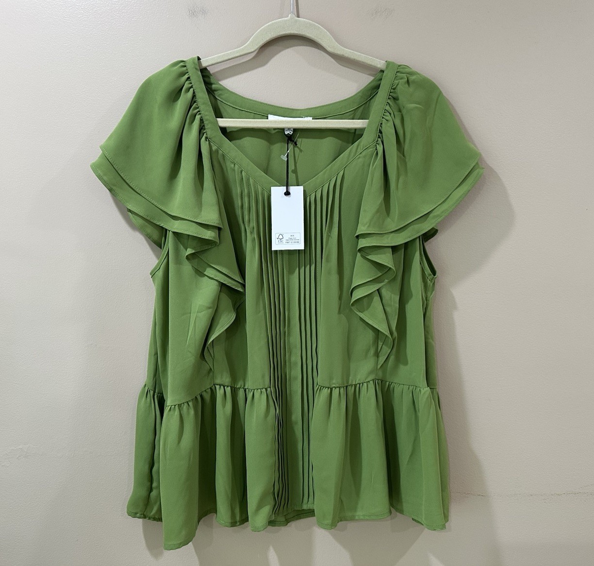 NWT Rose + Olive Green Babydoll Peplum Blouse Tiered Pleated Front Top Women 2X