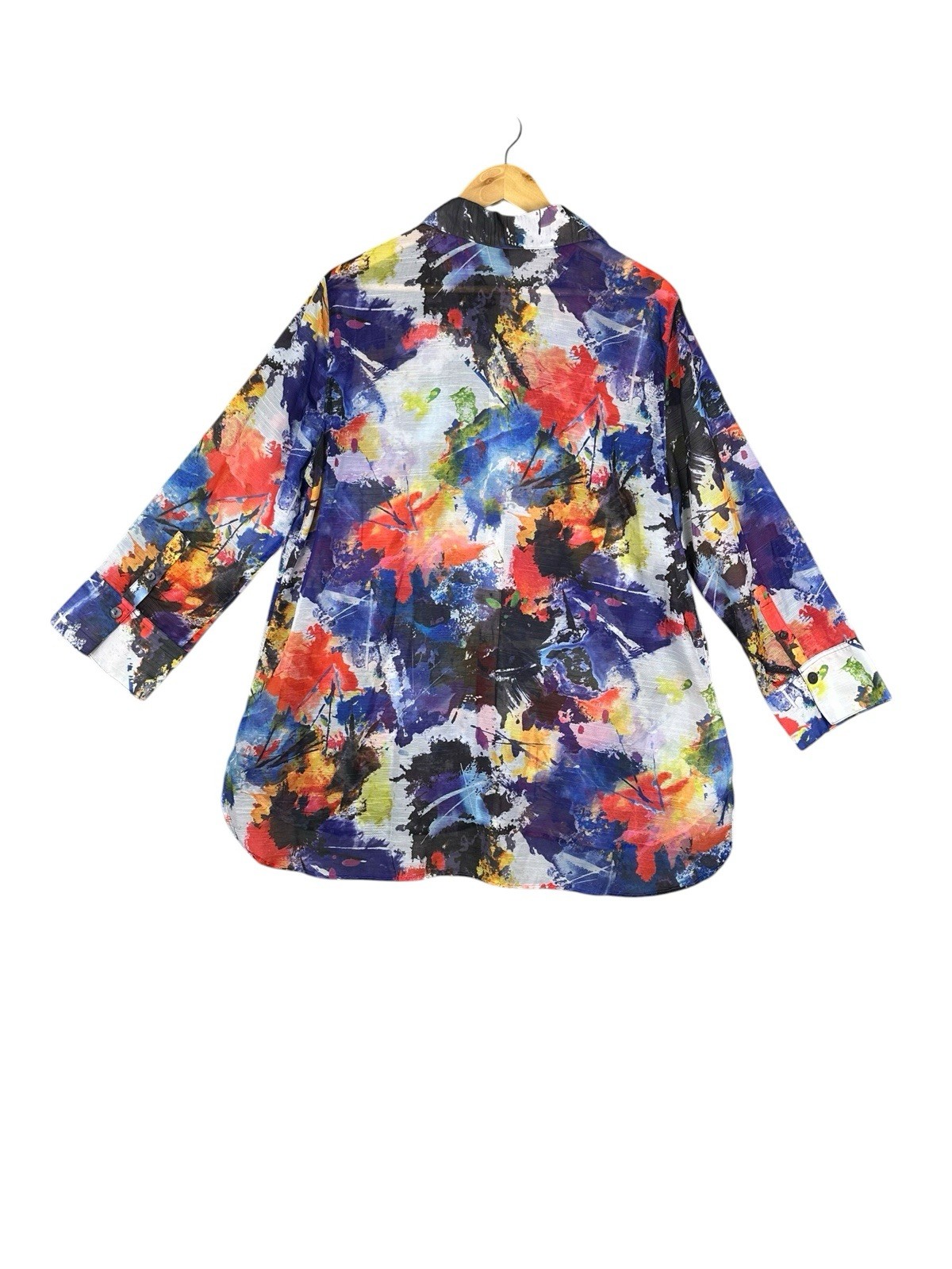 John Mark Womens XL Abstract Art To Wear Button Up 3/4 Sleeve Tunic Artsy Sheer