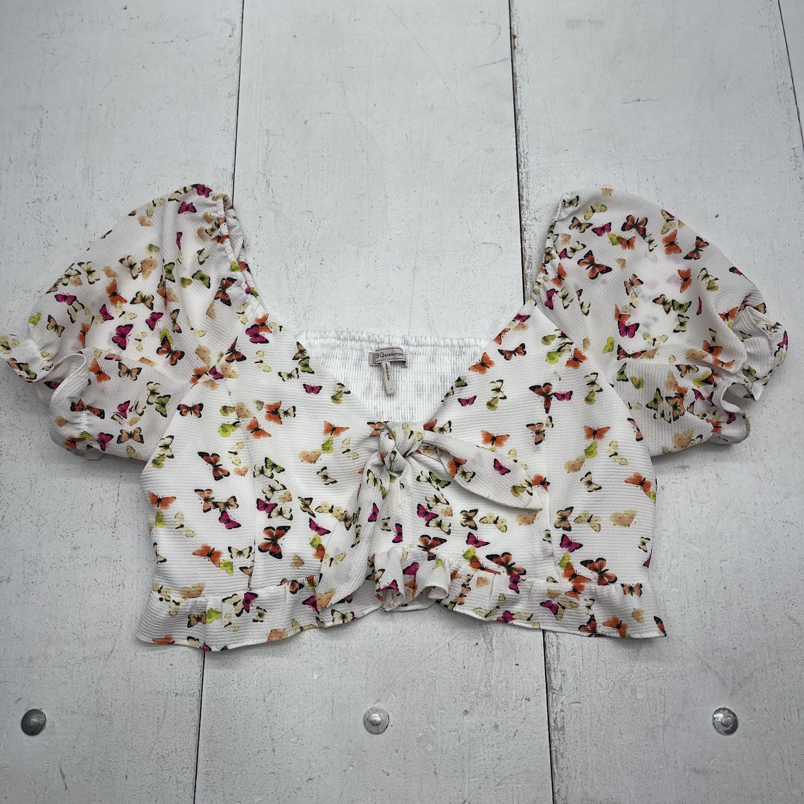 BCBGeneration Blouse Womens Large Butterfly Print Puff Sleeve Tie Crop Top