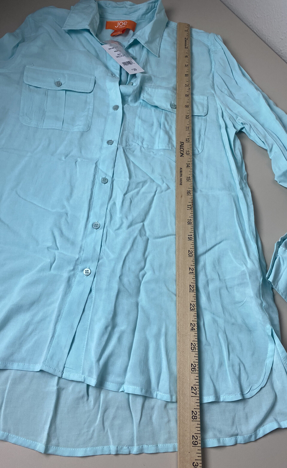 Joe Fresh Medium Aqua Blue Long Roll Tab Sleeve Rayon Shirt Lightweight NWT