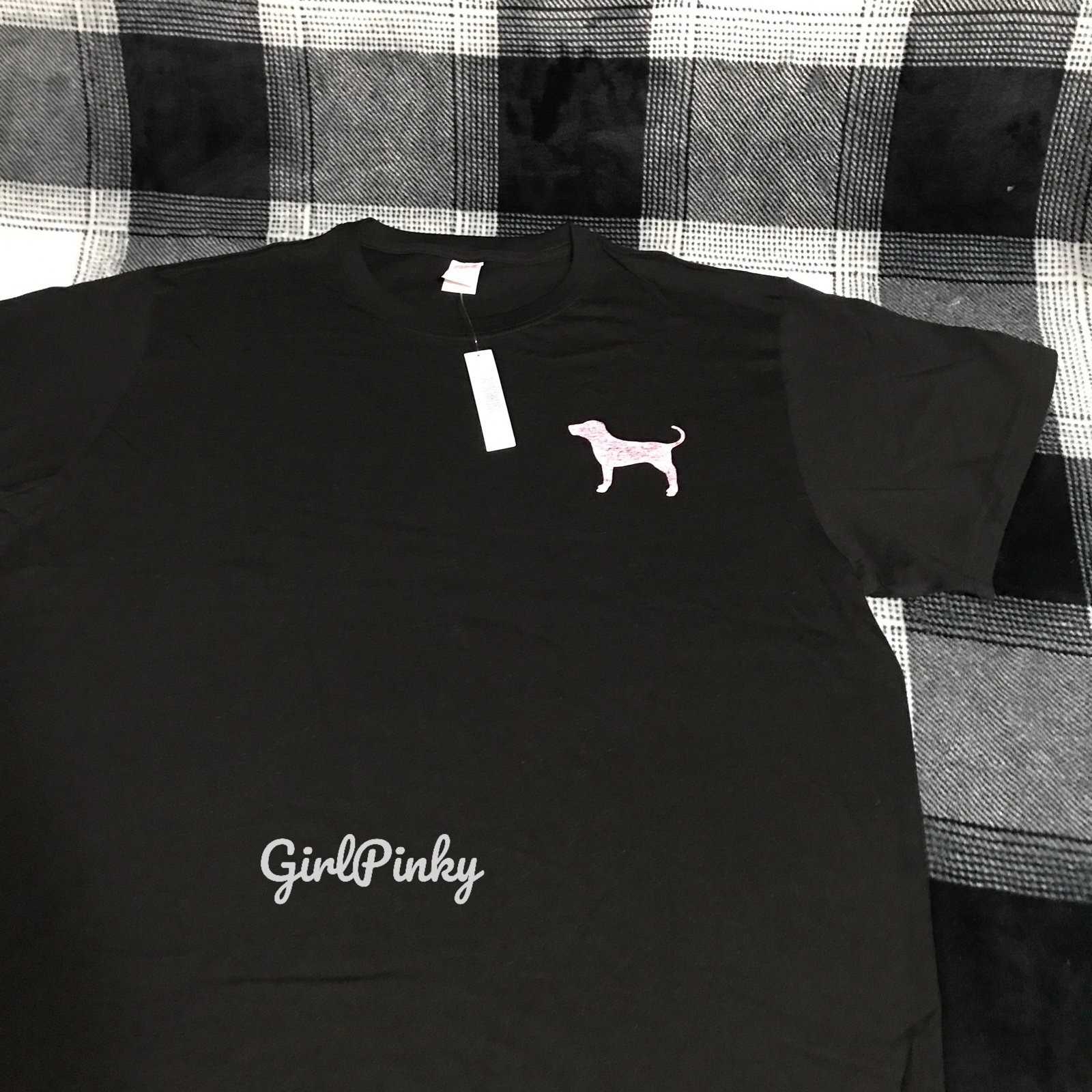 VS PINK BLACK FRIDAY SS CAMPUS COTTON TEE IN BLACK PINK & MINI DOG LOGO LARGE