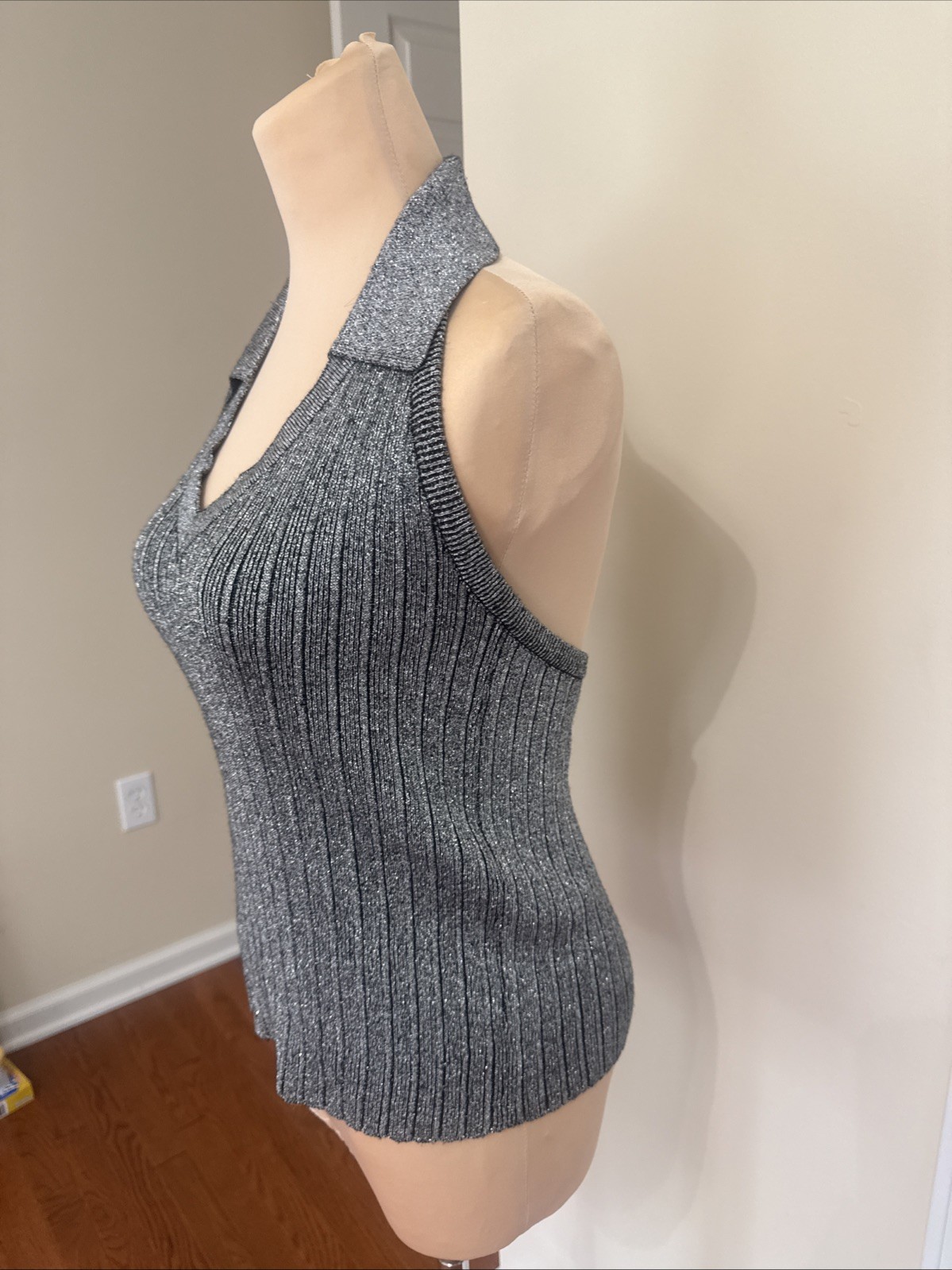 Halter Top Silver Sparkle w Collar Large Duel Knit Top