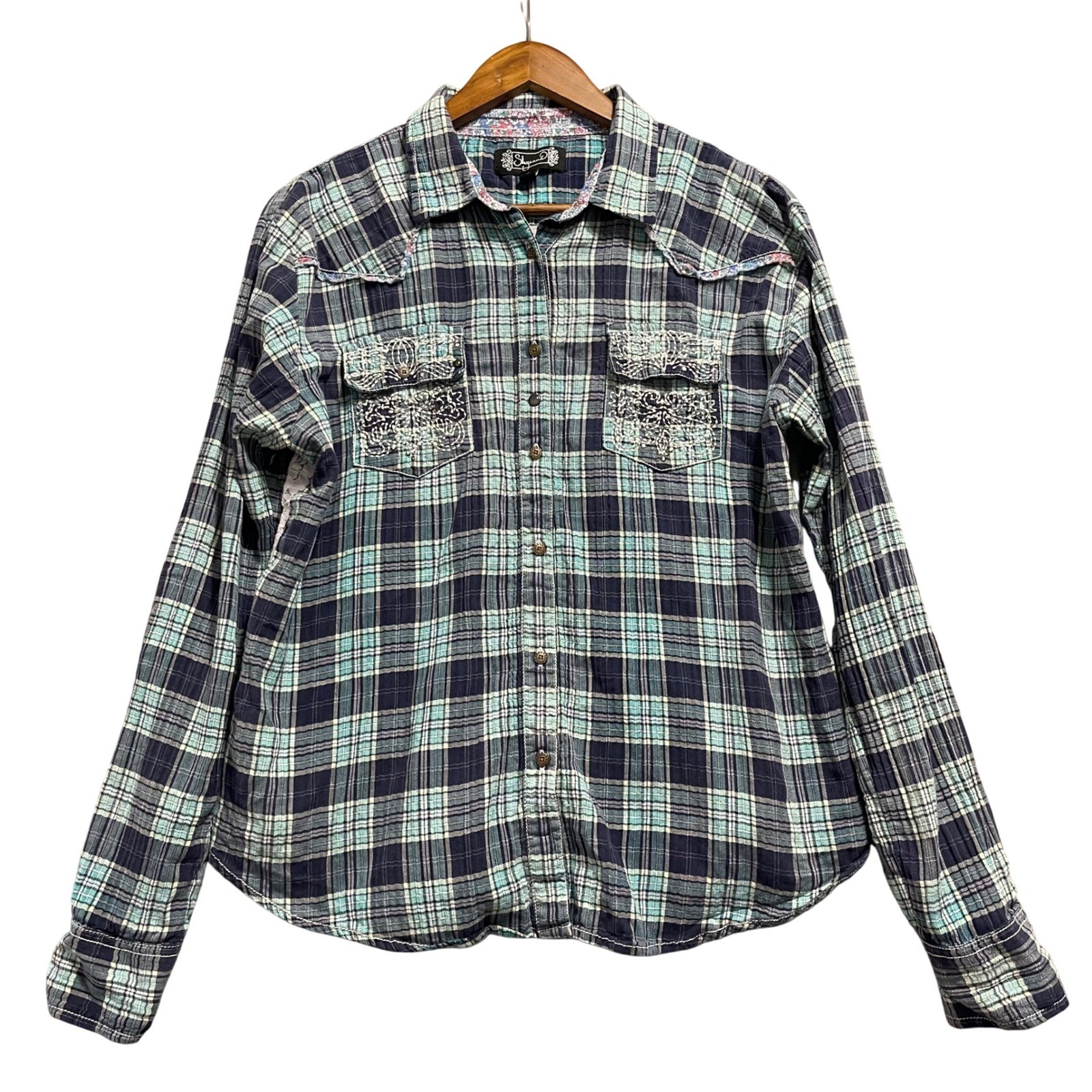 Shyanne Plaid Button Down Shirt Womens L Blue Lace Back Western Cowgirl Coastal