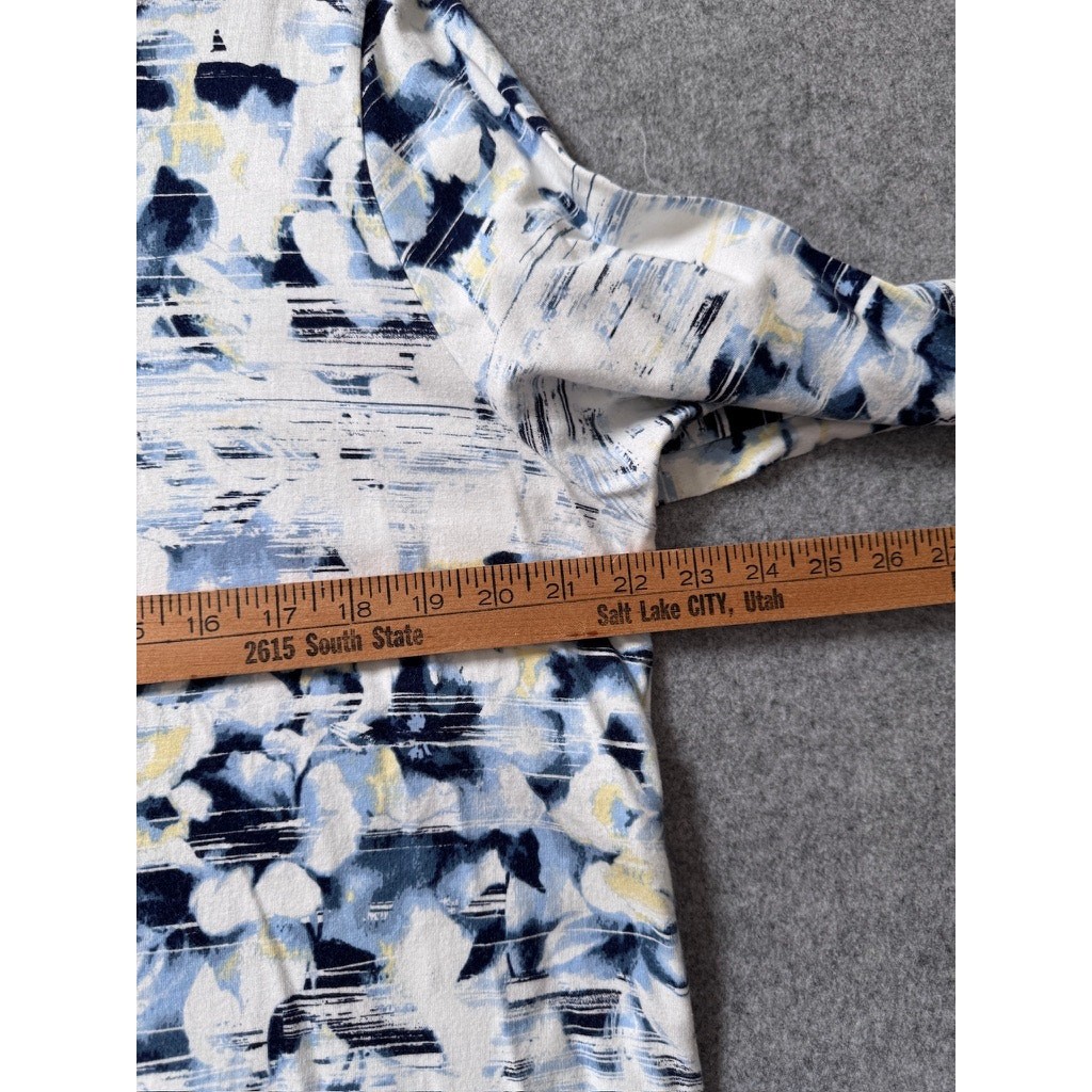 CJ Banks Floral Abstract Print Top 1X Blue White Yellow Cotton Modal 3/4 Sleeve