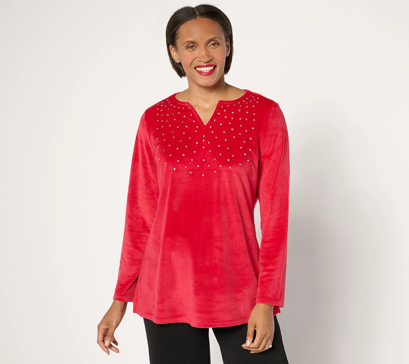 Quacker Factory Sparkle & Shine Split Neck Long sleeve Velour Tunic Ruby, L 828G