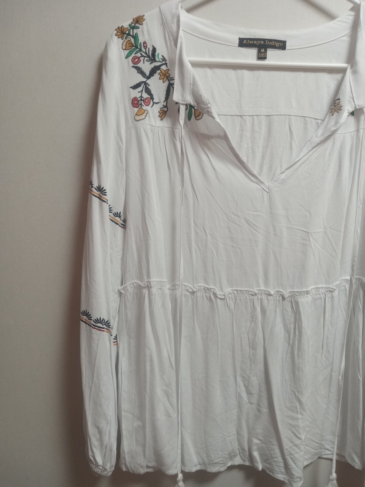Always Indigo Blouse Womens Size Medium White w/ Floral Embroidery Boho NWT
