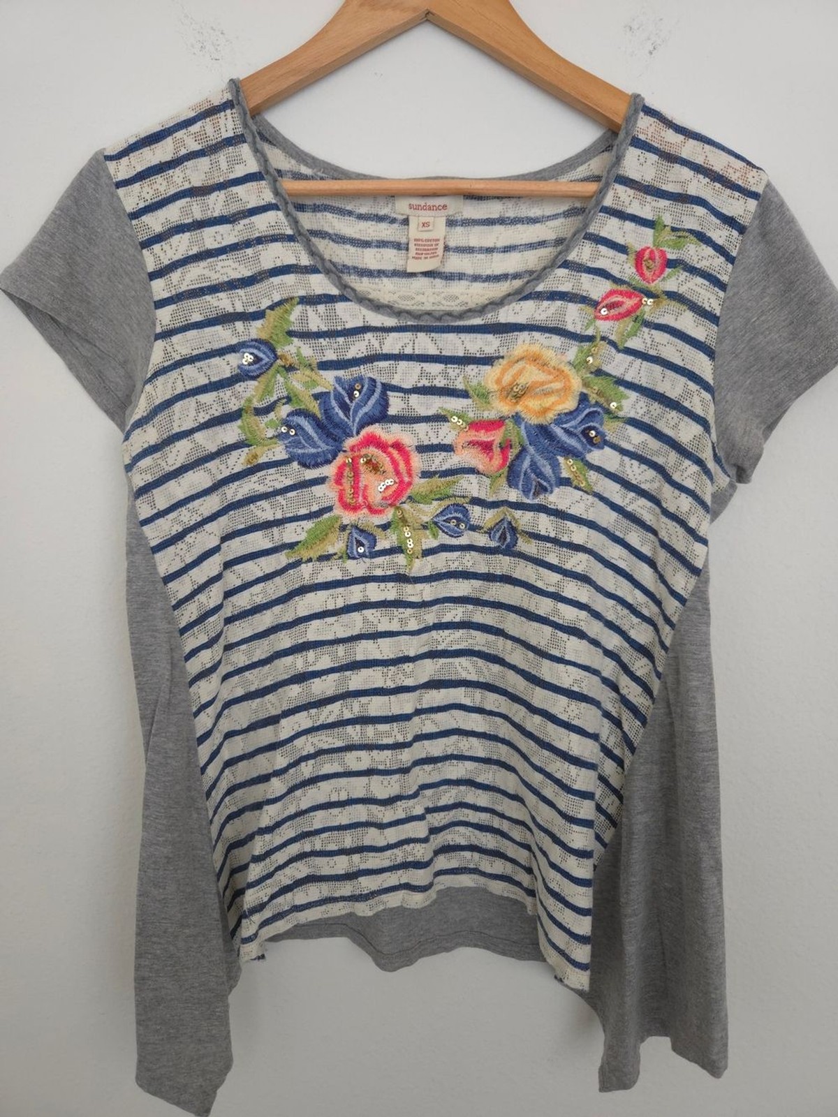 Sundance Striped Cotton Navy & Gray Tee Floral Embroidery Scoop Neck Blouse XS