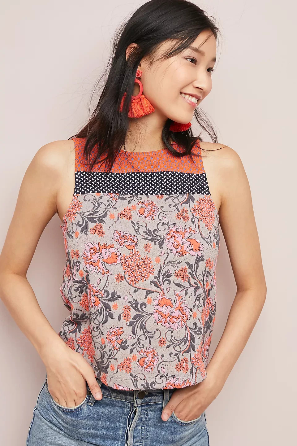 Meadow Rue by Anthropologie Poppy Jacquard Tank Top Grey Orange Sleeveless S