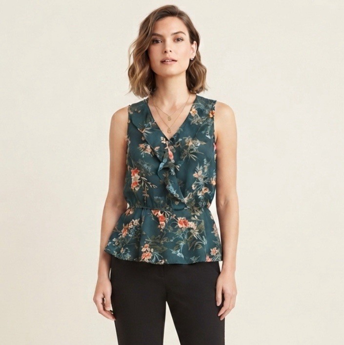Banana Republic Sleeveless Floral Peplum Blouse Dark Teal Wrap Front Size Small