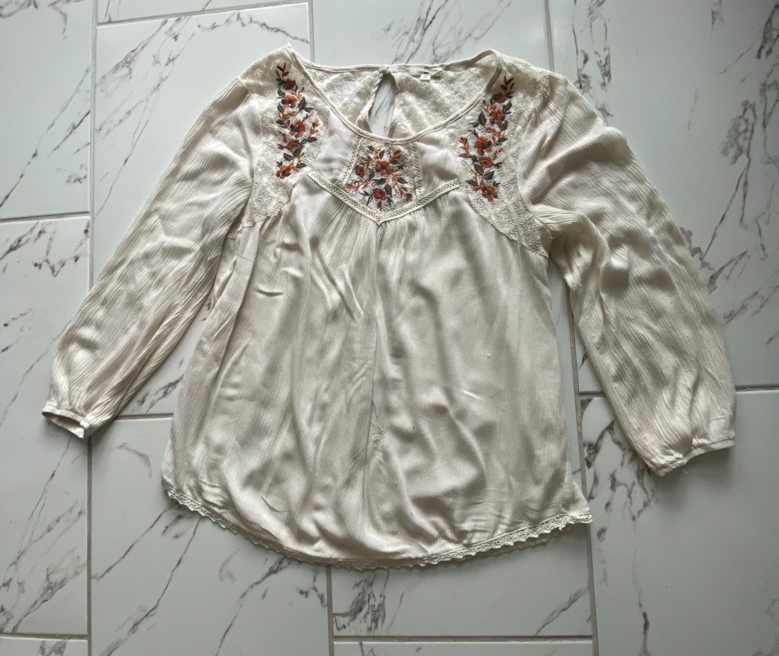 Mason Belle Womens M Ivory Embroidered Boho Peasant Blouse Lace Top