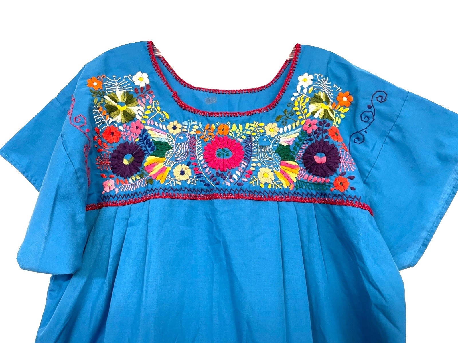 Mexican Peasant Blouse Hand Embroidered Bright Blue XL