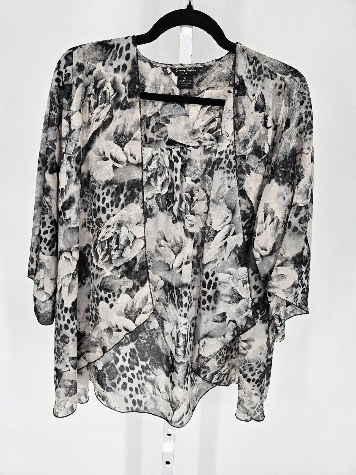Sunny Taylor womens Sz PS Petite Open Front Blouse Black Gray Marbled Sheer
