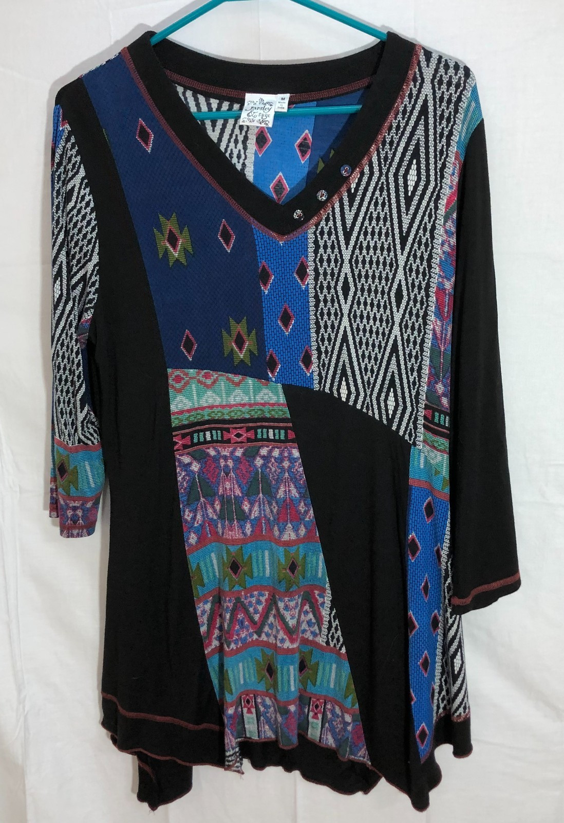 Parsley & Sage Womens Lagenlook Artsy Boho Mixed Media Patchwork Tunic Top Sz M