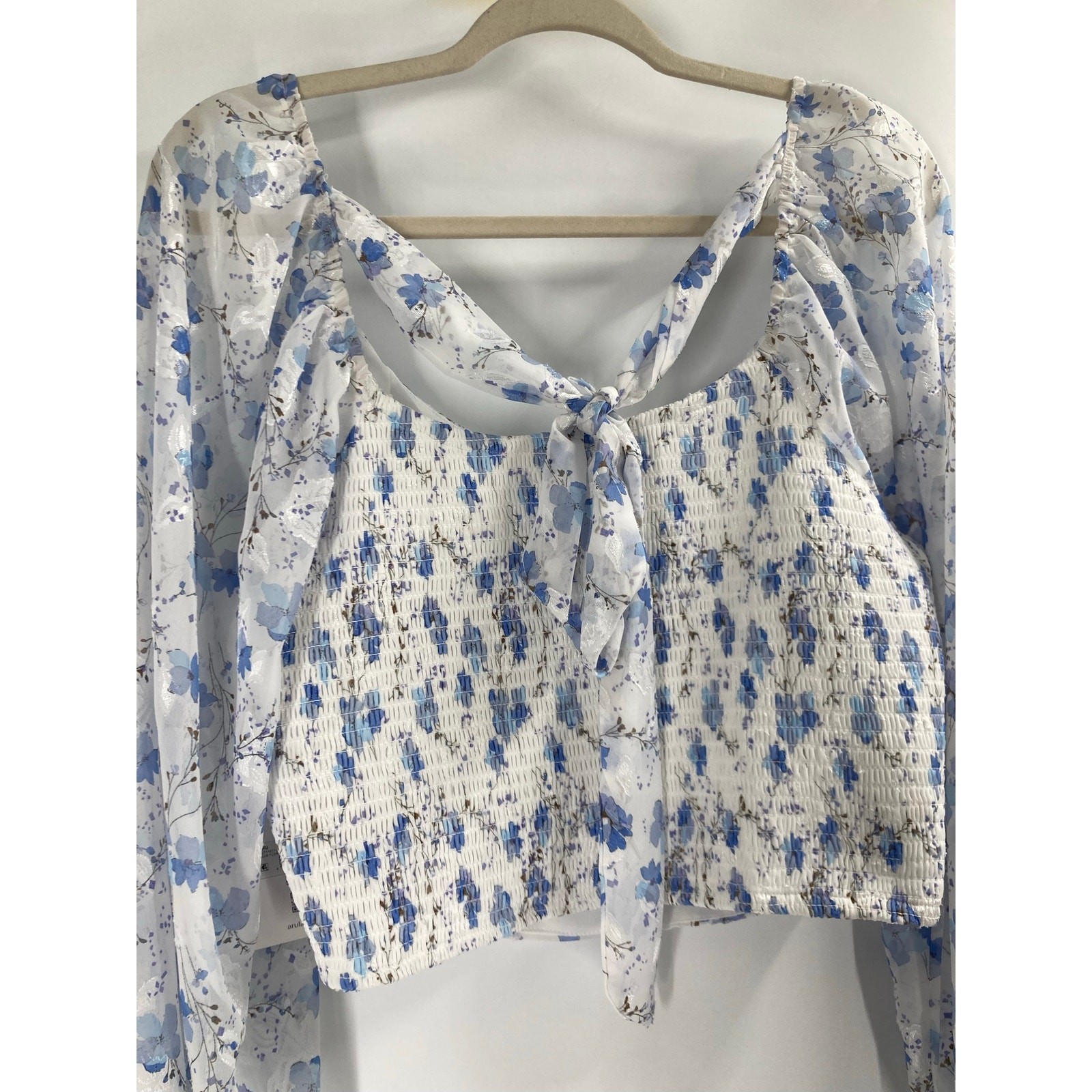Arula Blue Floral Print Smocked Puff Sleeve Crop Blouse Cottage Women’s 1X NEW