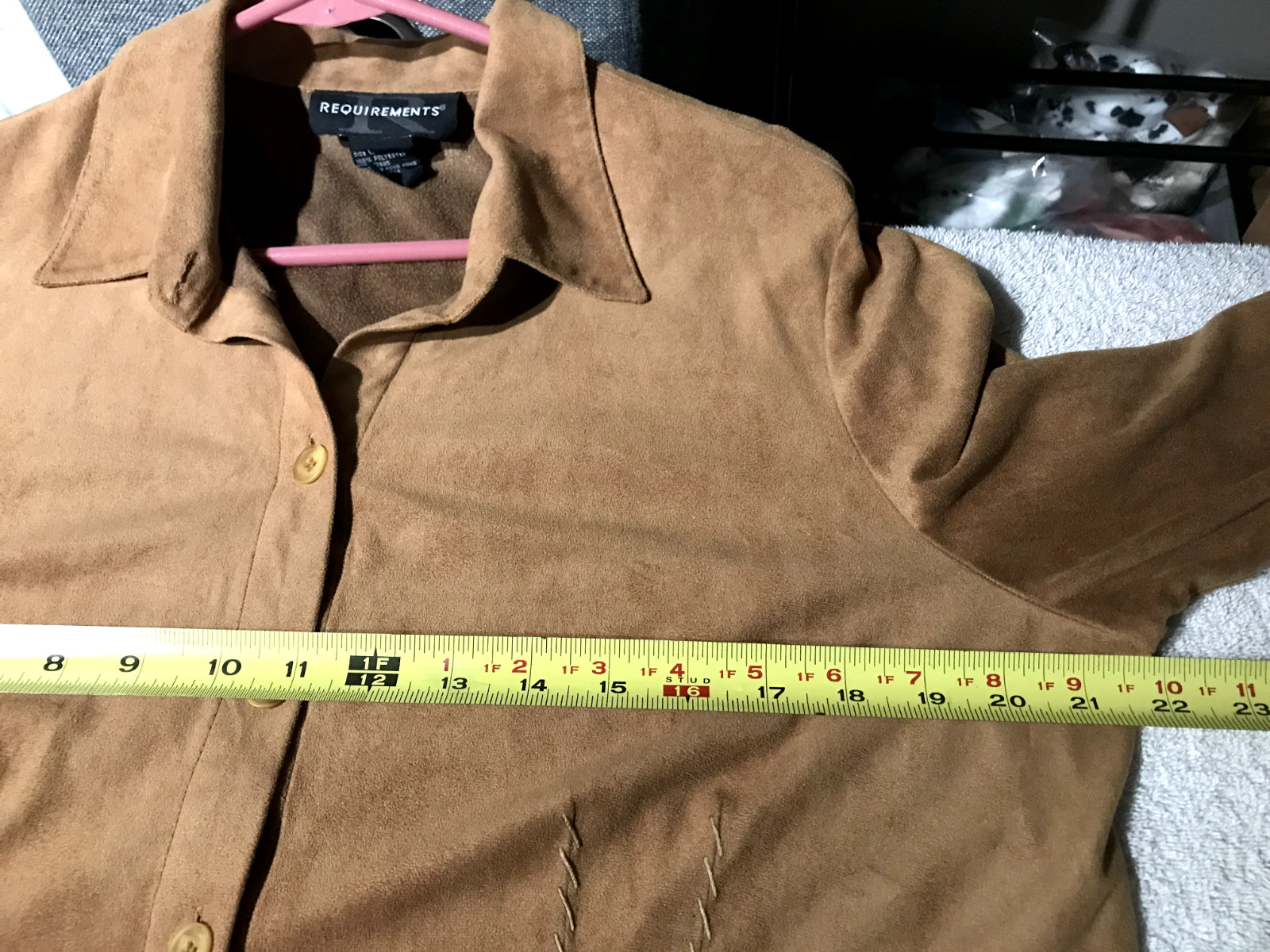 Requirements, Women L, Brown Faux Suede 1/2 Sleeve Hippie Boho Cowboy Shirt