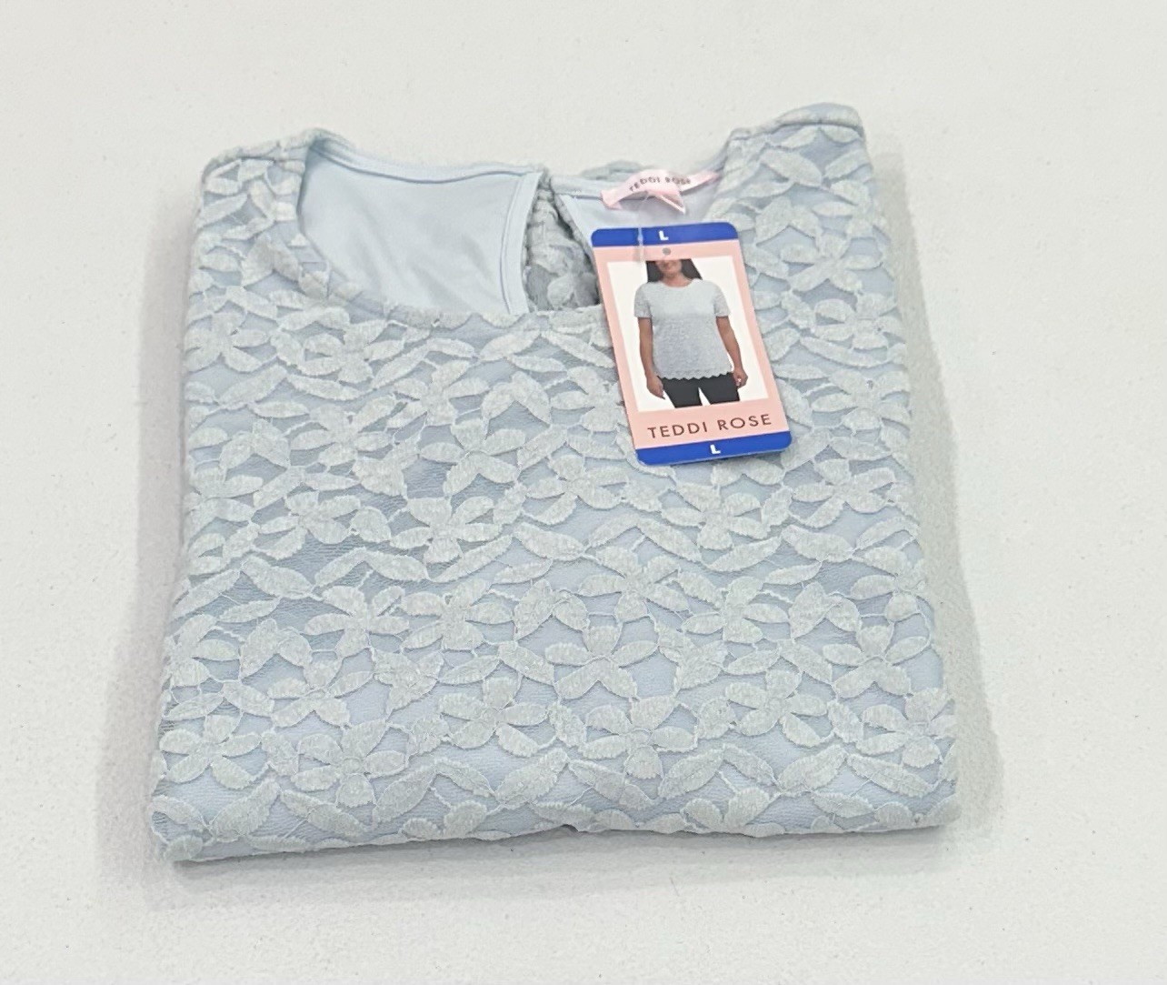 Teddi Rose Women’s Crewneck Short Sleeve Blouse, Light Blue, Size L