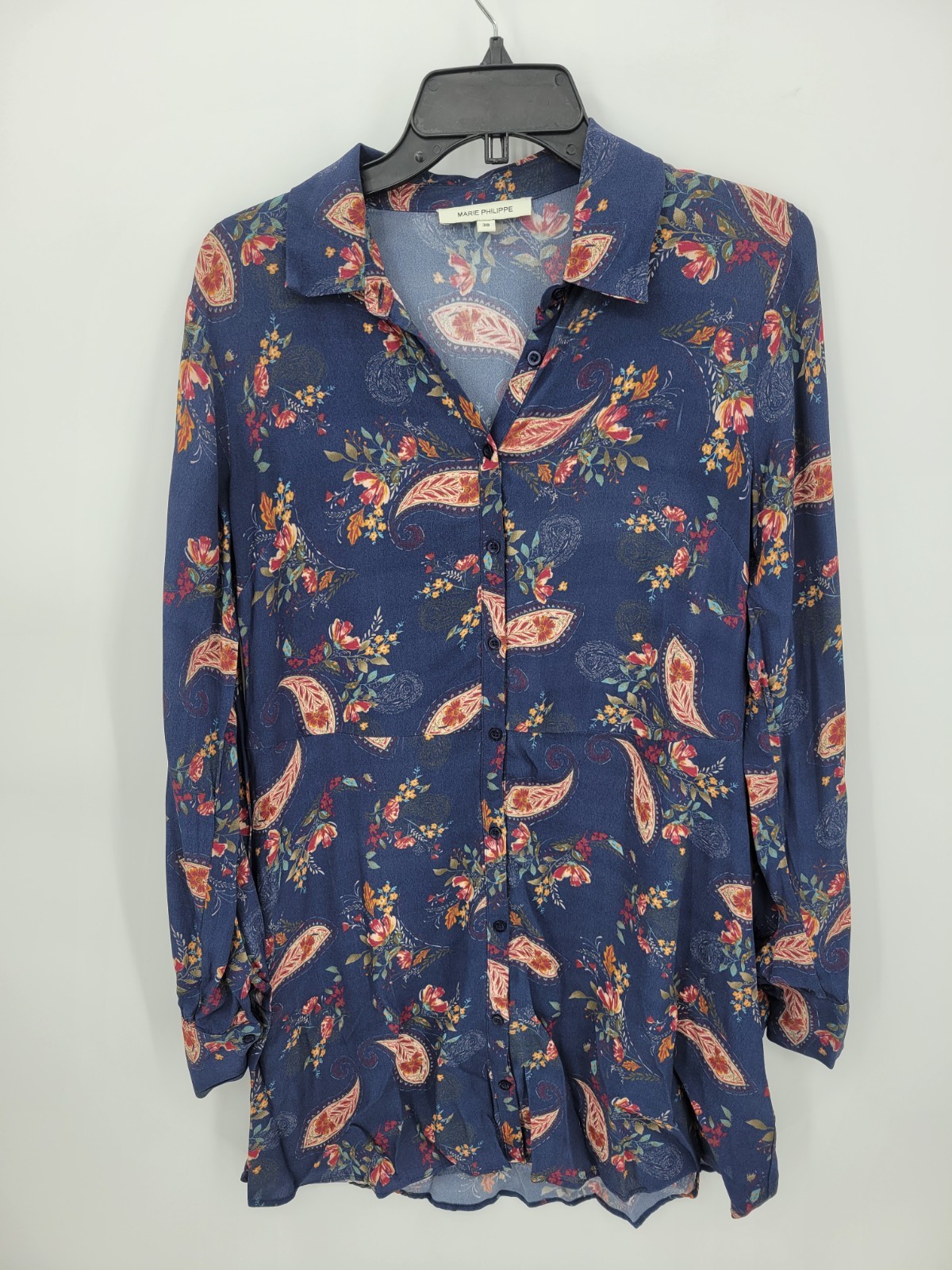 Marie Philippe Top Womens 38 Blue Floral Flowy Tunic Button Front Boho Artsy