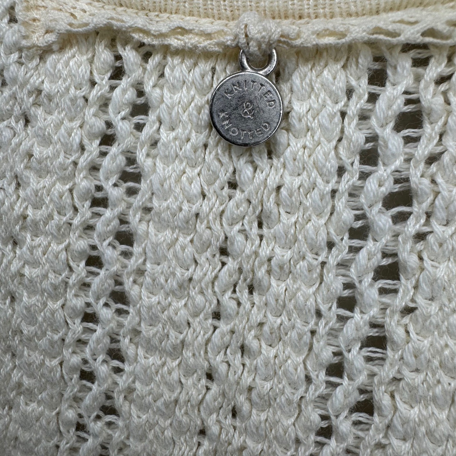 Knitted & Knotted Cream Crochet Knit Fringe Tunic Top Sweater Women’s L