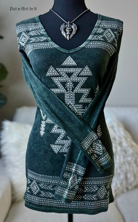 New VOCAL Womens CRYSTAL MINERAL WASHED OLIVE AZTEC BIKER BLING SHIRT S M L XL