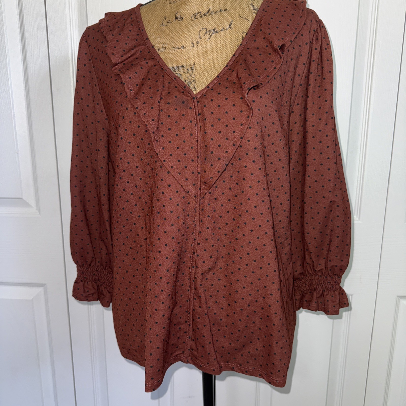 Bobeau Rust Brown Black Poka Dots Top Blouse Size X-Large NWOT