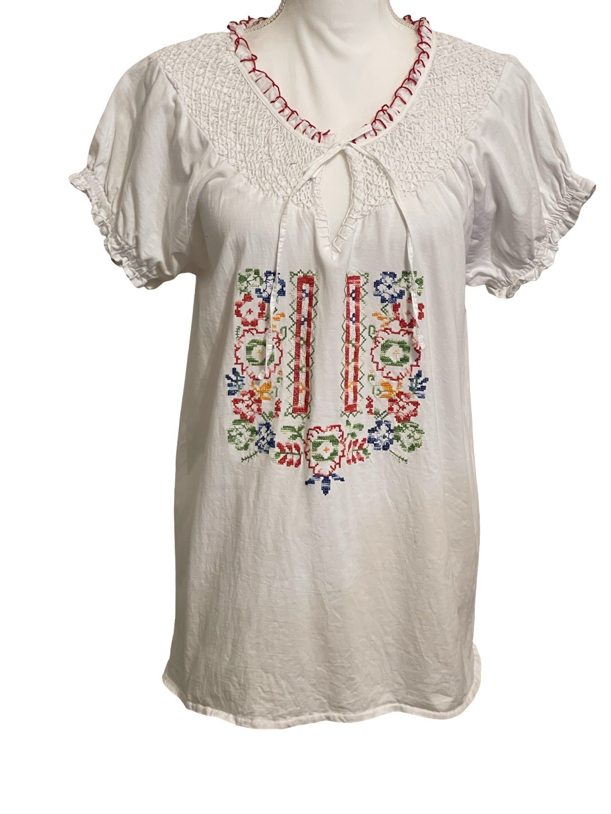 SAHALIE White Embroidered 100% Cotton Boho Peasant Blouse Women’s Size L