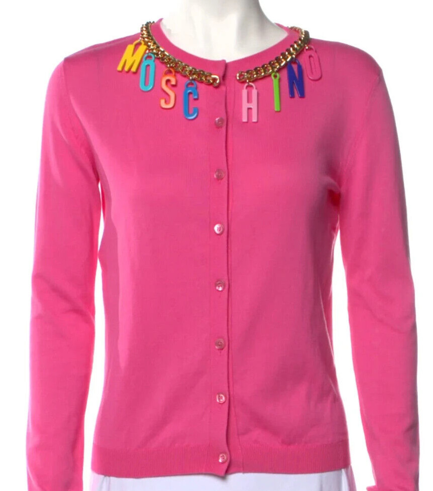 Moschino Couture BARBIE PINK Logo Letter Gold Chain Cardigan Sweater SMALL S