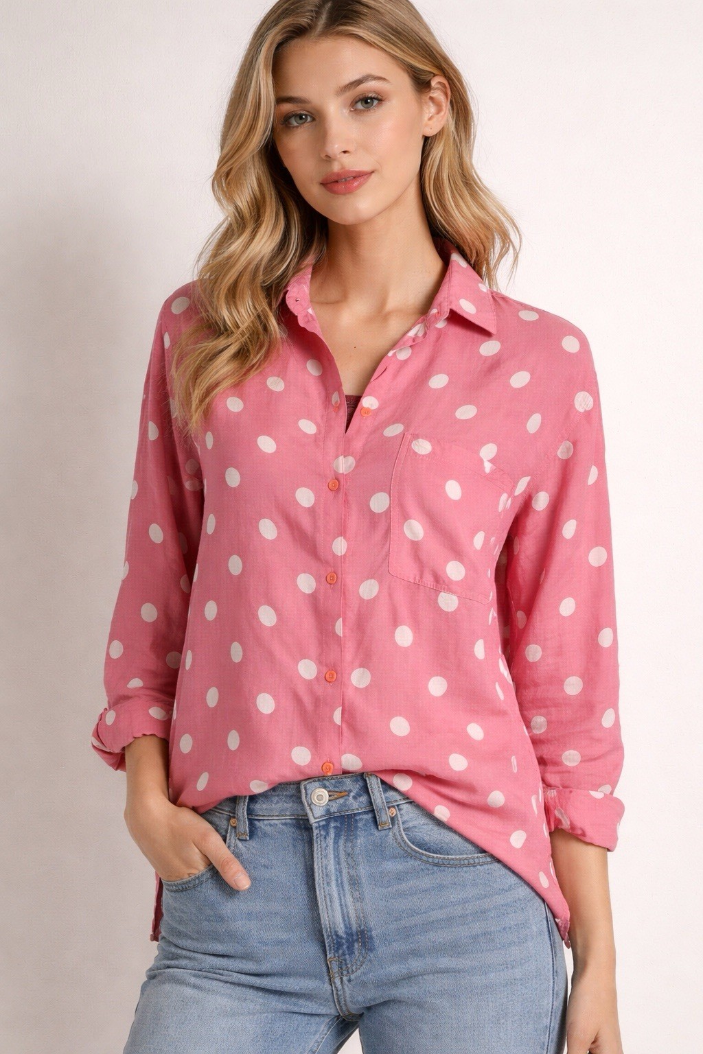 80s 90s Express Pink White Polka Dot Button Front 3/4 Sleeve Shirt Top Retro M