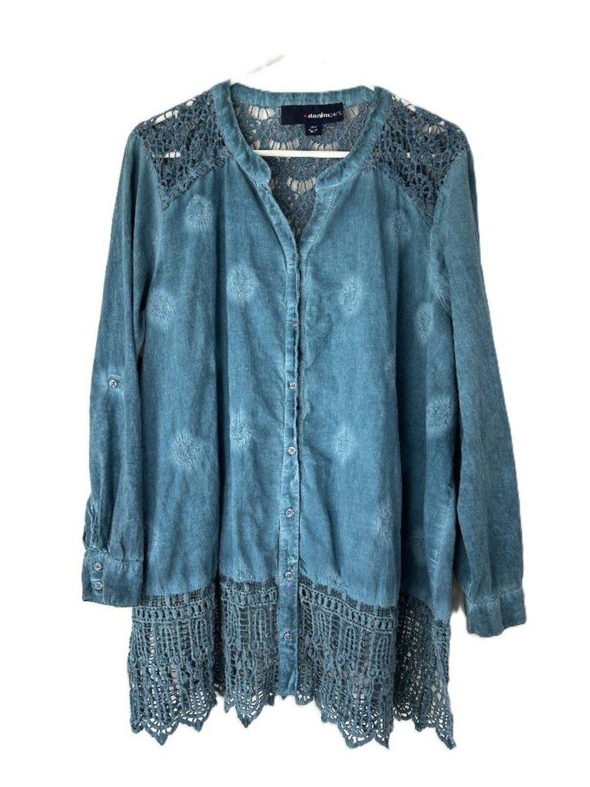 Denim 24/7 Teal Embroidered Lace Boho Button Top 20W