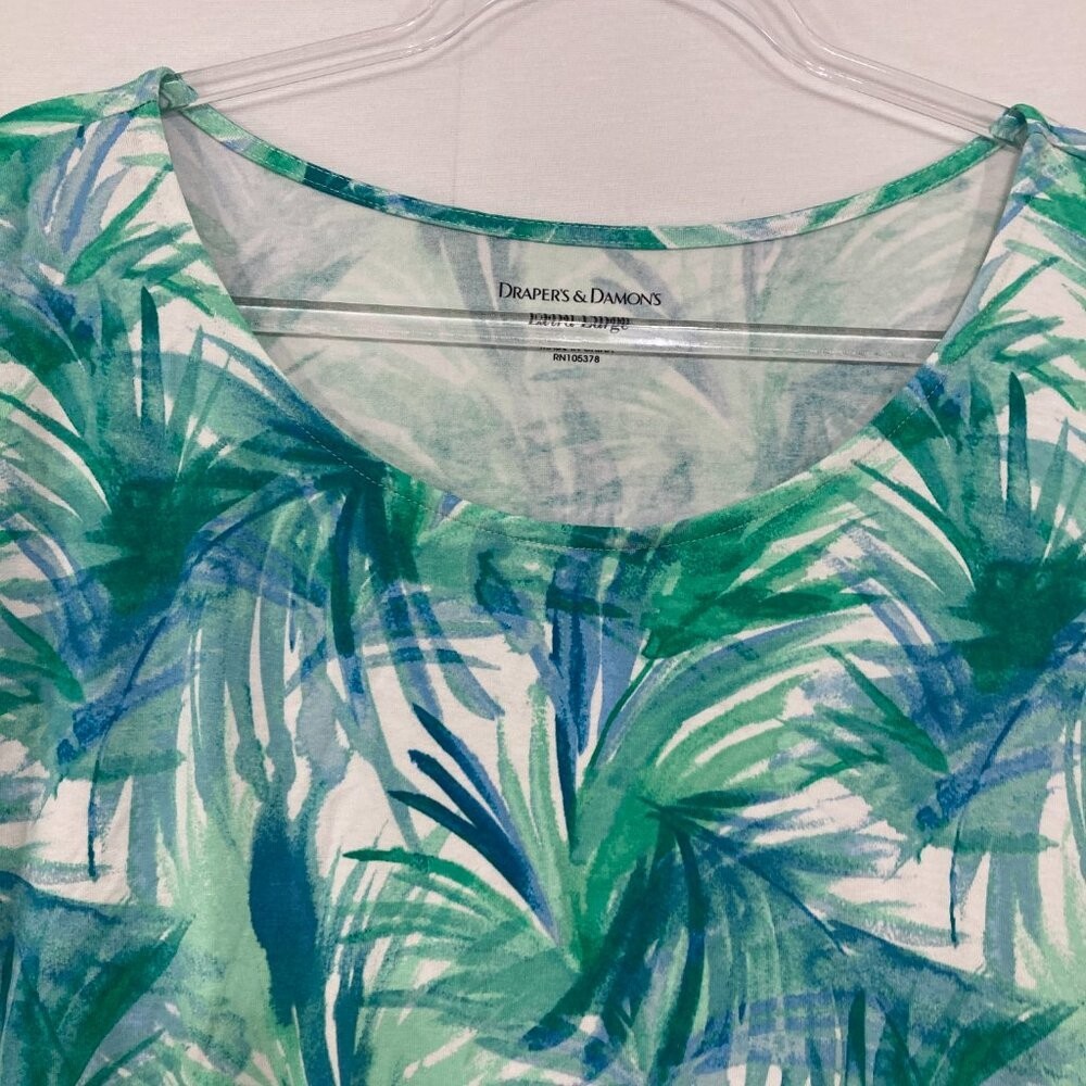 Draper’s & Damon’s size XL Blue Green Leaf Print Novelty Stretch Casual Top
