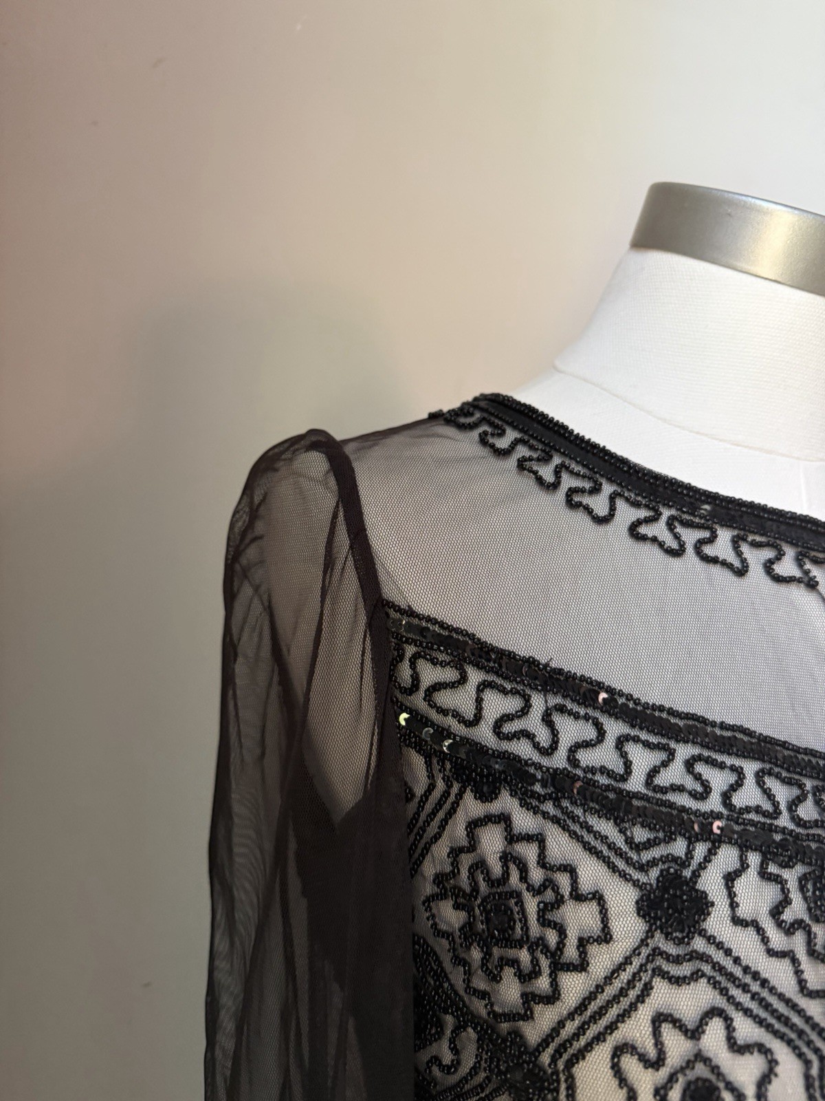 Vintage Y2K Goth Black Ornate Beaded Sequin Mesh Sheer Top Large