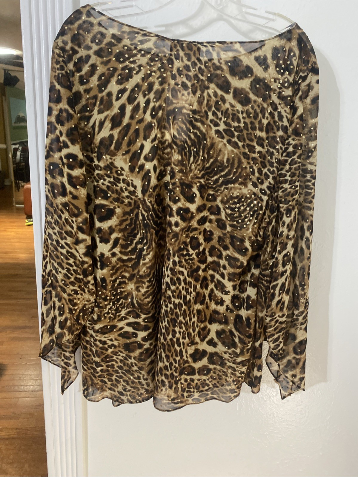 Onyx Nite Blouse Women Brown Leopard Print Sheer Chiffon embellished Size 20W