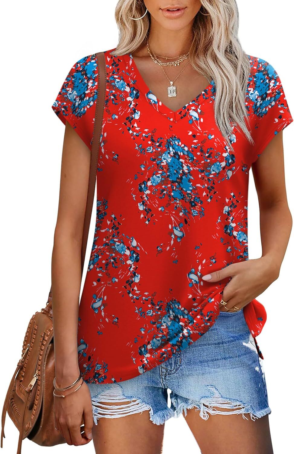 Women’s V Neck Summer T Shirt Cap Sleeve Loose Fit Lightweight Casual Top