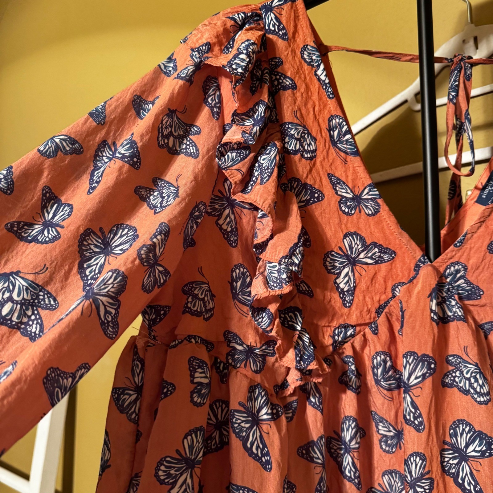 Simply Southern Butterfly Print Ruffle V-Neck Babydoll Top Orange XL Boho Tie