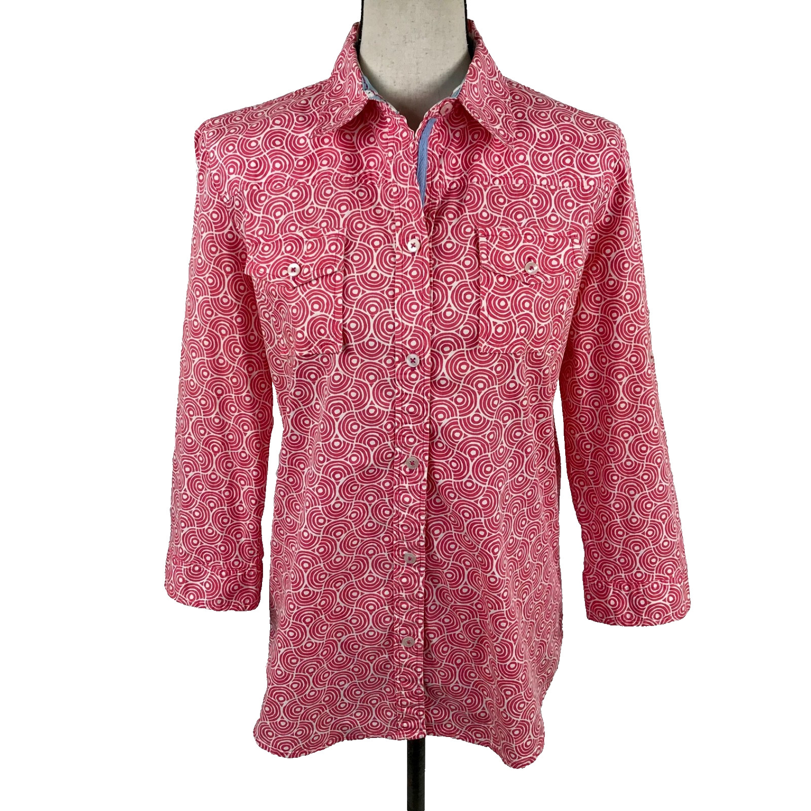 Tizzie Button Down Shirt Size L Pink/Red White Geo Print Roll Tab 3/4 Sleeve
