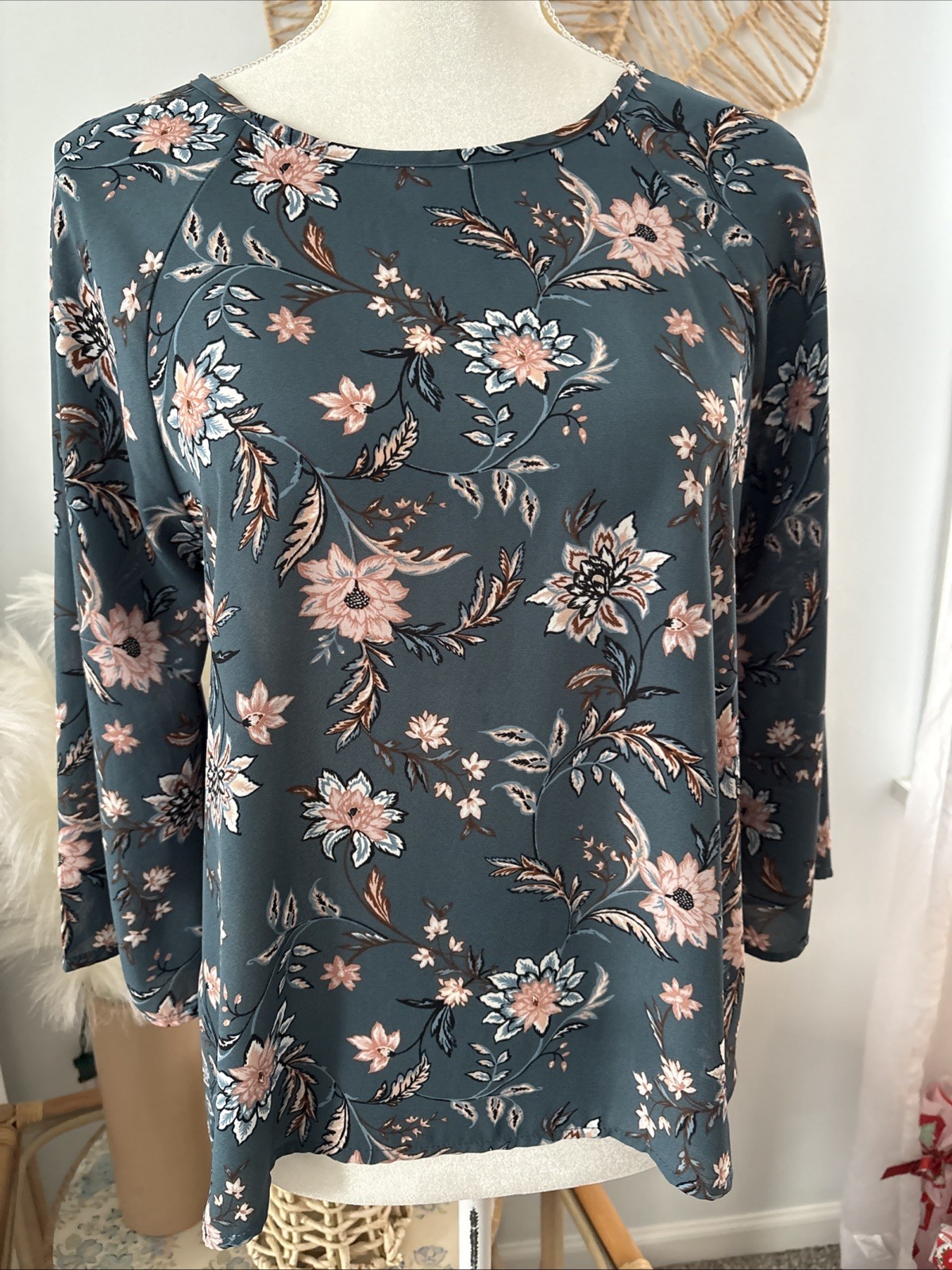 Papermoon Stitch Fix Blouse Top Shirt Dark Turquoise Floral 3/4 Sleeve Small S