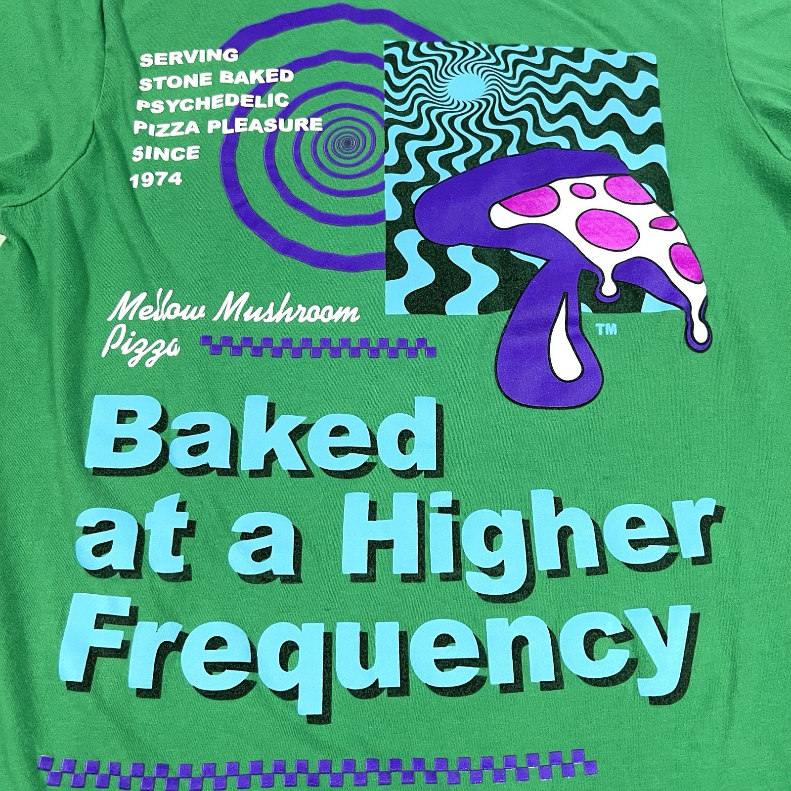 Mellow Mushroom T Shirt Sz S Baked High Frequency Psychedelic Stoner Green Pizza