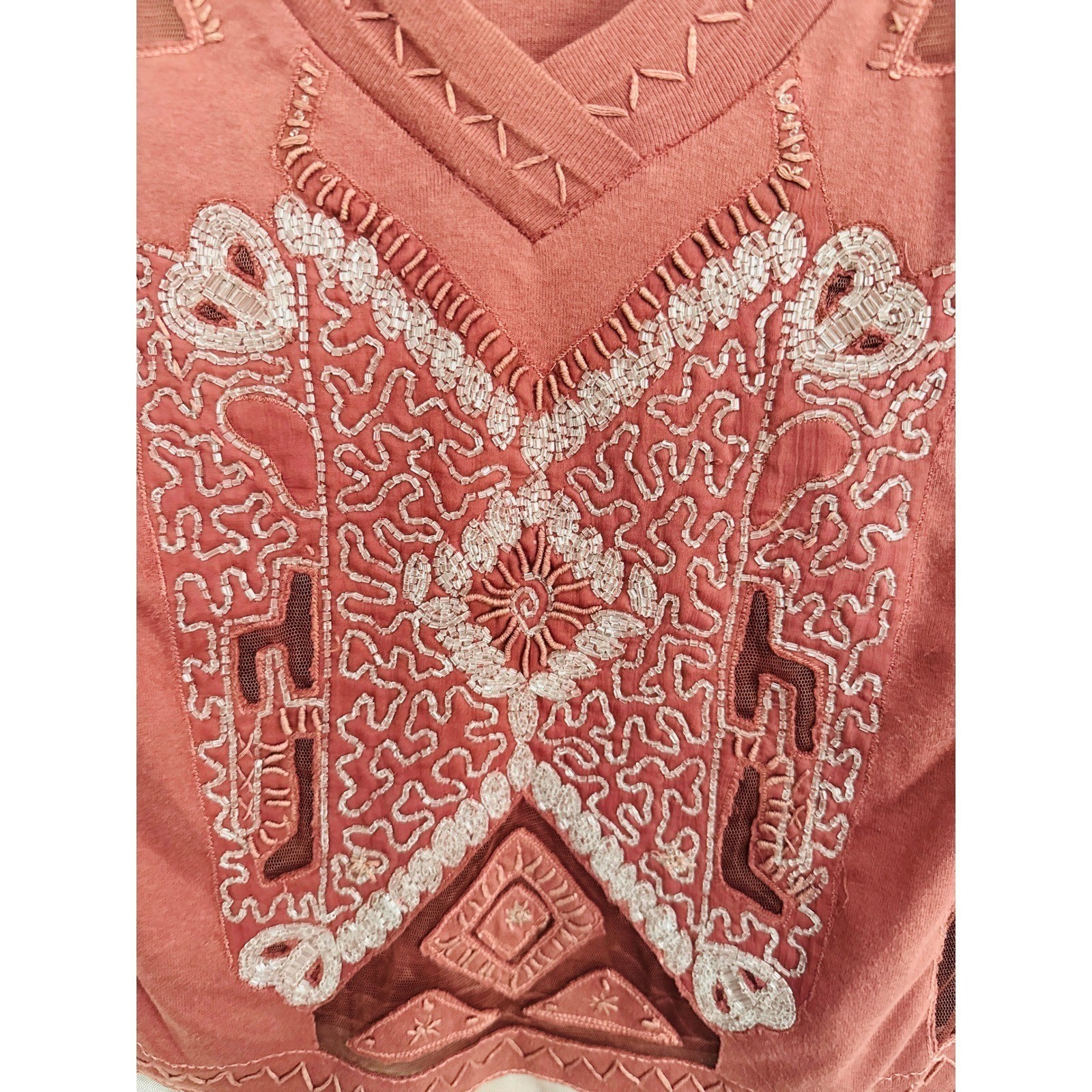 VTG Liu Jo Italian Beaded Mesh Top Rust Red Sheer 3/4 Sleeve Whimsygoth M