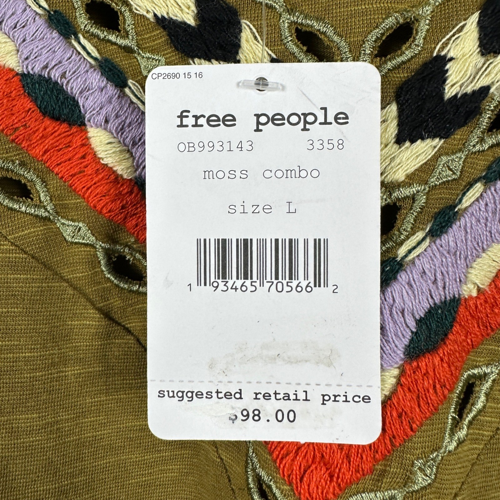 Free People Women’s Large Embroidered Top Moss Green Boho Eyelet NEW