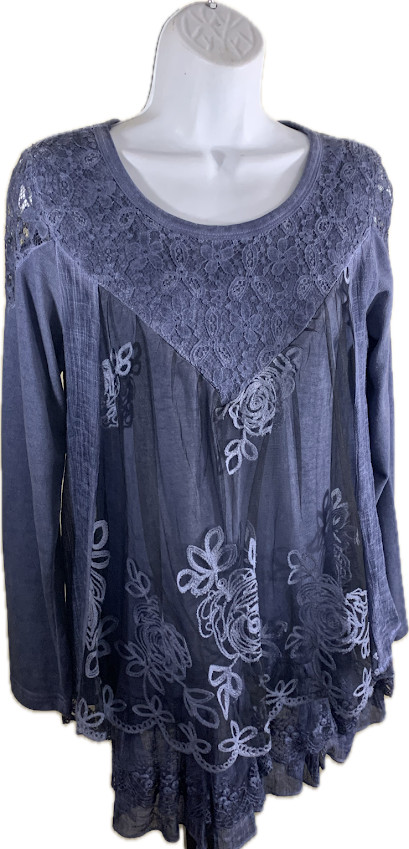 Feratelli Boho Grunge Peasant Embroidered Blue Lace Layered Tunic Top NWOT Small